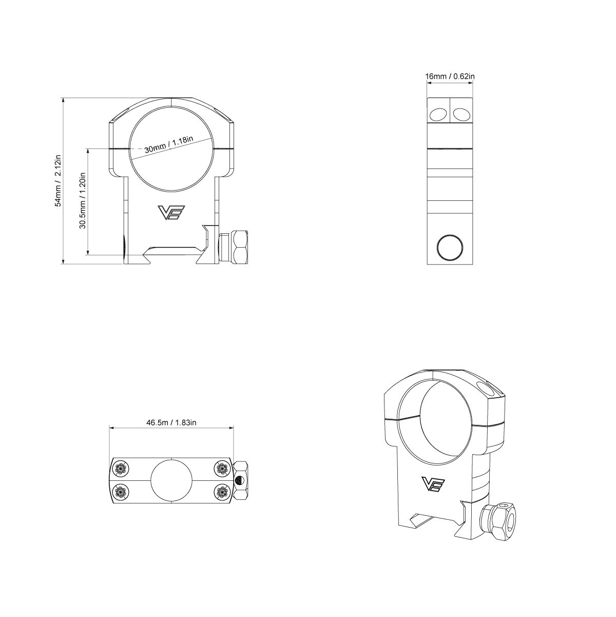Vector 30mm krúžky 1.2" stredné 2