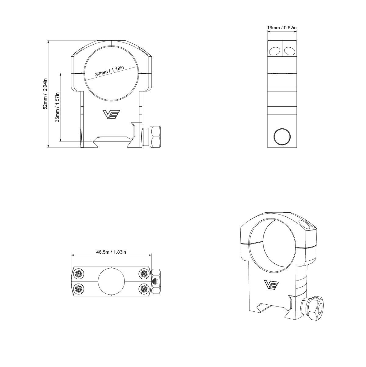 Vector 30mm krúžky 1.4" vysoké 2