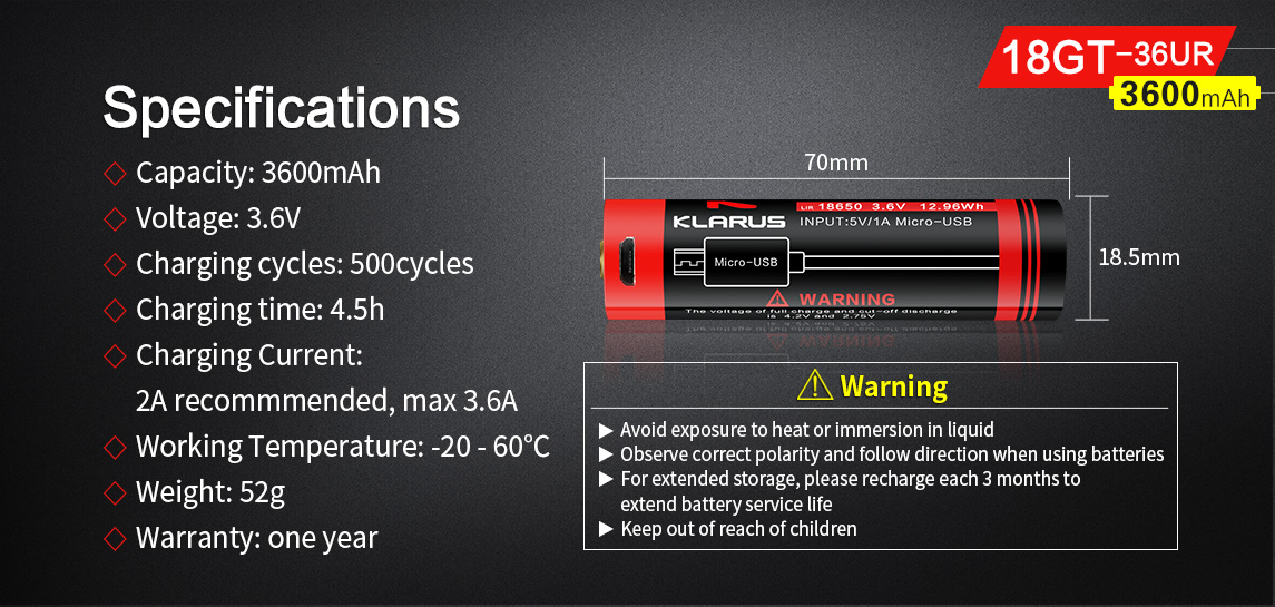 KLARUS akumulátor 18650 3600mah 6